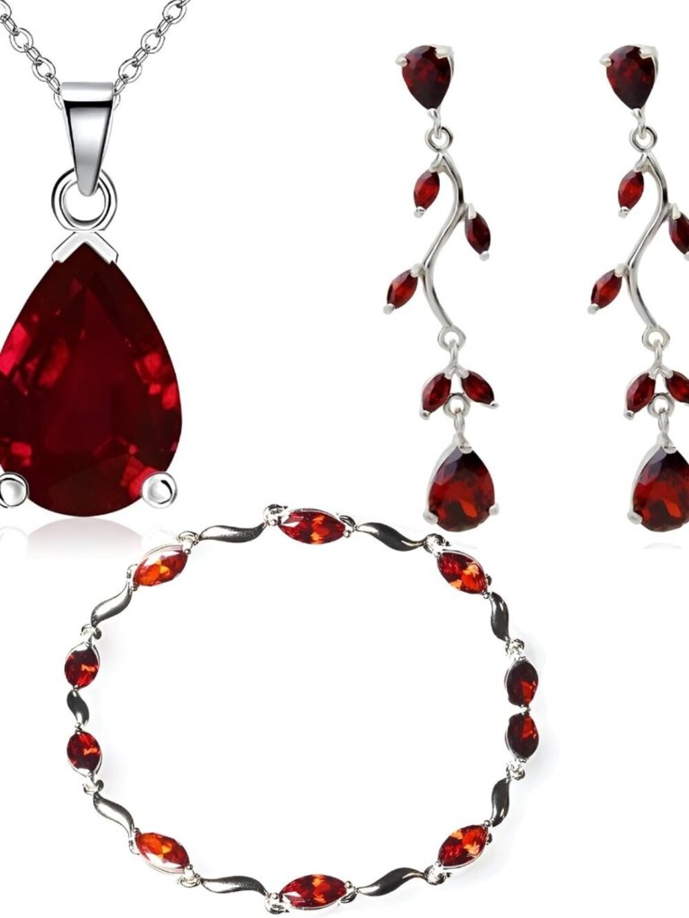 Elegant Red Zirconia Crystal Teardrop Jewelry Set - Necklace, Dangle Earrings